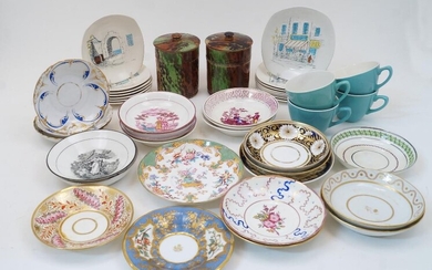 A quantity of British porcelain plates and saucers, 19th/20th centuries, various factories including Derby, Minton, New Hall, Spode, Worcester, with a group of fifteen side plates with designs by Hugh Casson for Midwinter, together with a group of...