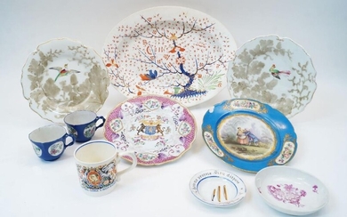 A quantity of porcelain, to include: a large oval Derby dish, early 19th century, decorated in the Imari palette with a blossoming tree and birds, 41.5cm wide; a Burleigh Ware George VI 1937 Coronation mug, designed and modelled by Dame Laura...