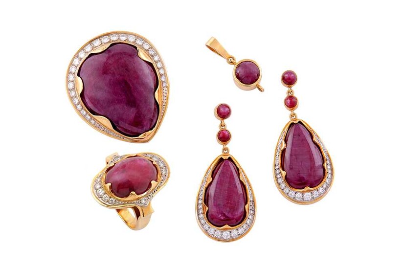 A ruby and diamond ring, brooch, earrings and pendant necklace suite