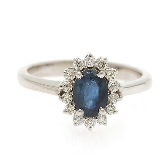 A sapphire and diamond ring set with an oval-cut sapphire encircled by numerous brilliant-cut diamonds, mounted in 14k white gold. Size 52.