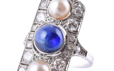 A sapphire, diamond and pearl panel ring
