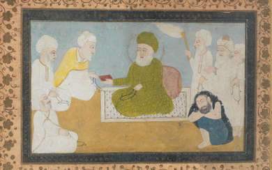 A seated holy man with devotees, attendants, and a fakir...