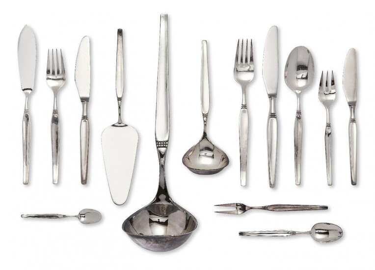A set of German flatware for twelve, by Robbe & Berking, stamped 800, 20th century, designed with a beaded band to tapering squared stems, the set comprising: 12 table forks; 12 table spoons; 12 table knives; 24 dessert/fish forks; 12 fish knives;...