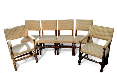 A set of six Cromwellian style oak dining chairs, upholstere...
