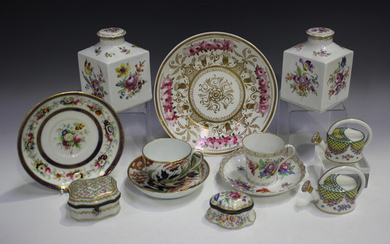 A small group of mid-19th century and later decorative ceramics, including a pair of Dresden porcela