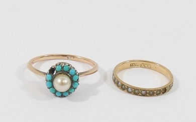 A turquoise and seed pearl circular cluster ring, stamped '9...