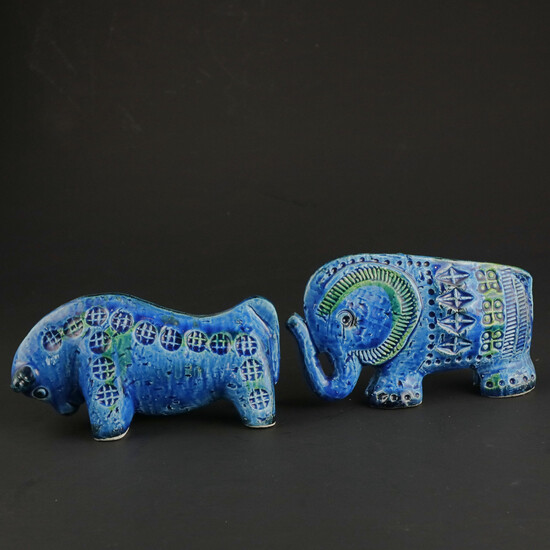 ALDO LONDI. Figurines, 2 pcs. glazed stoneware, bull and elephant, Bitossi, Italy.