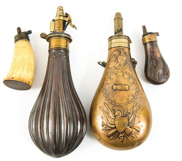 AMERICAN 19th CENTURY POWDER FLASK & HORN LOT OF 4