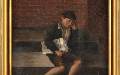 AMERICAN SCHOOL (19th Century,), Newspaper boy sitting on stairs, holding his head in his hand., Oil
