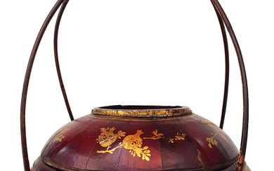 AN EARLY 20TH CENTURY CHINESE LACQUERED PINE FOOD BASKET