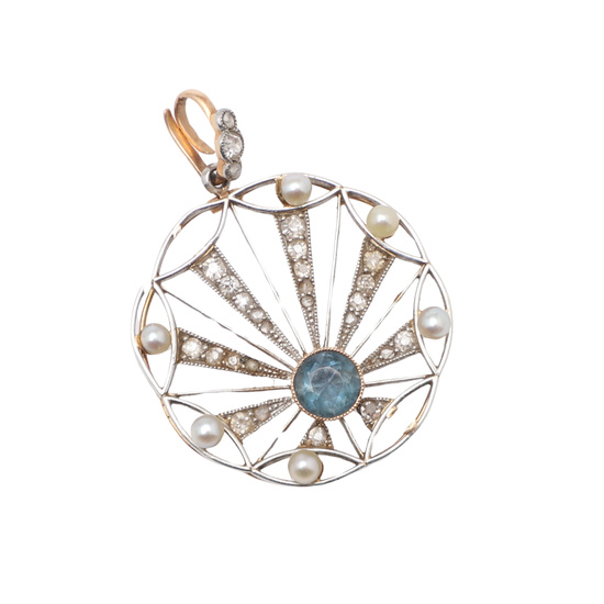 AN EARLY 20TH CENTURY DIAMOND, PEARL AND BLUE TOPAZ PENDANT.