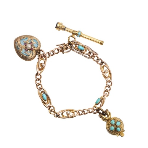 AN EDWARDIAN 9CT GOLD, TURQUOISE AND PEARL SET BRACELET. wit...