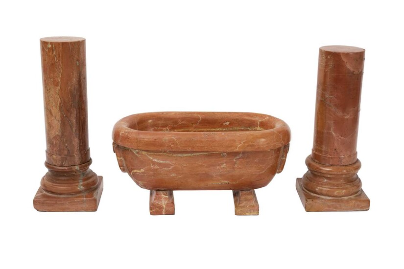 AN ITALIAN MODEL OF A ROMAN BATH IN ROSSO MARBLE TOGETHER WITH A PAIR OF COLUMNS