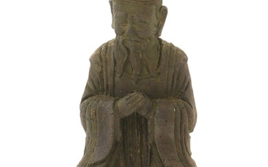 ANTIQUE CHINESE QING DYNASTY CARVED WOOD PRIEST FIGURE
