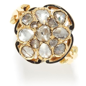 ANTIQUE DIAMOND AND ENAMEL CLUSTER RING in high carat