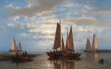 Abraham Hulk (Dutch, 1813-1897) Fishing boats at dawn; Boats in...