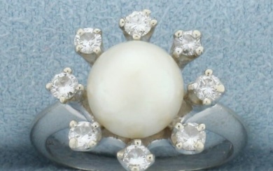 Akoya Pearl and Diamond Halo Ring in 14k White Gold