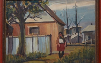 American School, "Woman by Docks," 20th c., oil on canvas laid down on masonite, signed "Malone"