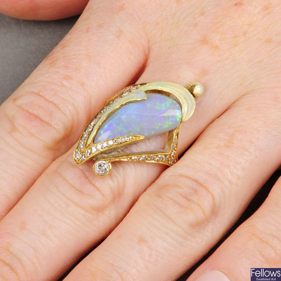 An Art Nouveau 18ct gold opal, diamond and enamel dress