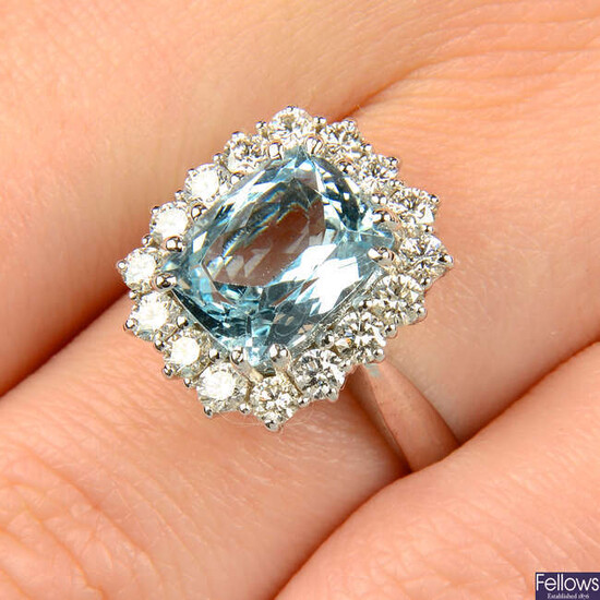 An aquamarine and brilliant-cut diamond cluster ring.