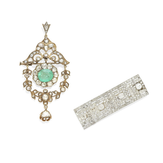 An emerald and diamond brooch together with a diamond bar brooch