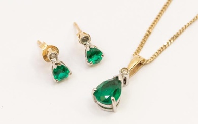 An emerald and diamond pear shaped pendant, length approx 16mm,...