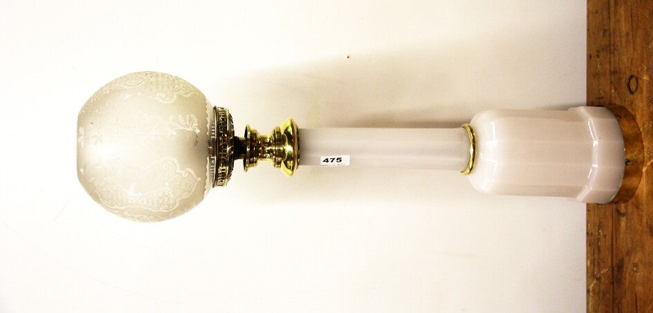 An unusual white opaline glass electric oil lamp style table lamp with etched glass shade.