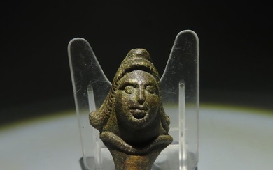 Ancient Roman Bronze Furniture Foot with Attis Head. 1st-3rd century AD. 5.3 cm height. Spanish Import License