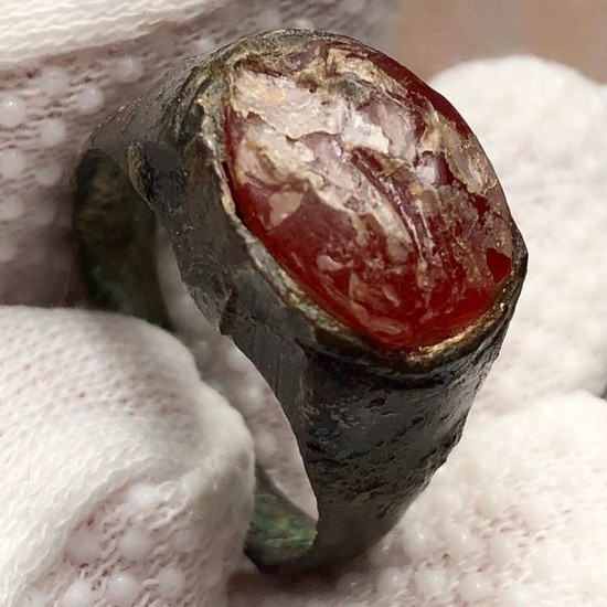 Ancient Roman Bronze Seal-Ring with a Carnelian Gemstone engraved with God Mercury holding Purse (Merchants Protector)