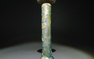 Ancient Roman Glass Big Flask - Lacrimal. 14,2 cm H. Exceptional blue-green and silver iridescence