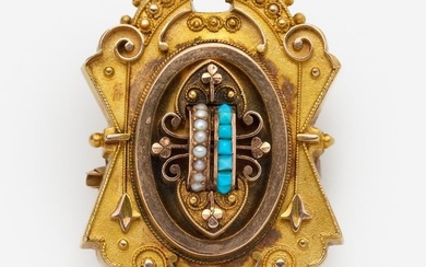 Antique 14k Pendant Brooch w/ Turquoise + Seed Pearls