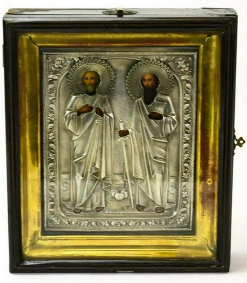 Antique 19c Russian 84 Silver icon of Peter & Paul with
