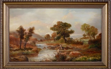 Antique British Oil Painting Angler in Mountainous River Landscape, signed oil