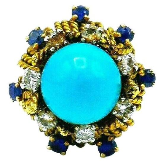 Antique French Yellow Gold Turquoise Sapphire Diamond