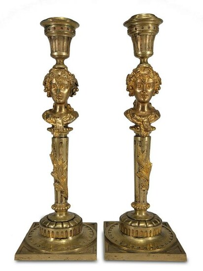 Antique French pair of gilt bronze candlesticks