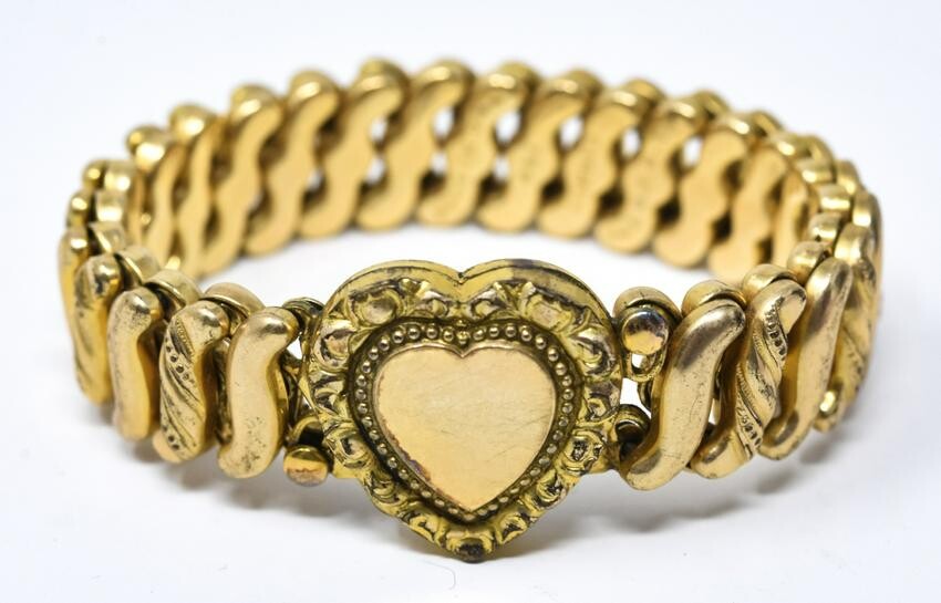 Antique Gold Filled Heart Locket Stretch Bracelet