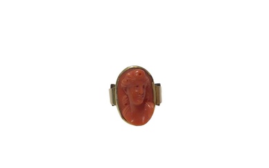Antique Italian carved coral cameo depicting a classical female bust, measuring approximately 21.5 x 13.8mm, in gold rub over setting on gold shank, ring size Q½.
