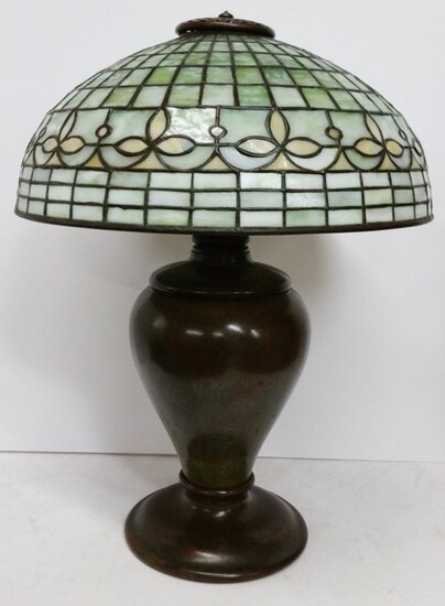 Antique Tiffany Studios Leaded Glass Bronze Base Lamp