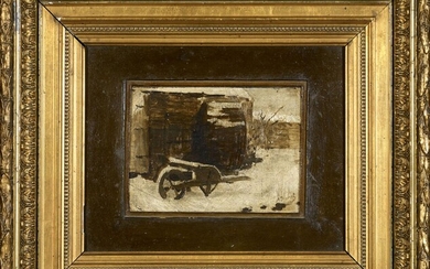 Aristide BOUREL (1840-1924) « Brouette dans la neige » Huile sur carton signée en bas...