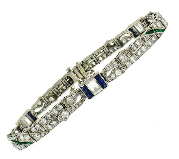 Art Deco Platinum BRACELET Diamond Sapphire Emerald