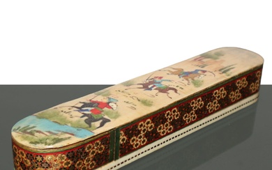Astuccio orientale in legno con coperchio scorrevole dipinto a mano
