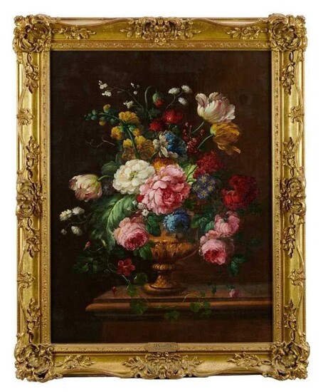 Attributed to Jan Van Os, 1744-1803, pair of oils on canvas, still life of flowers in a vase, on a marble draped plinth, apparently unsigned, 55 x 48 cm, later gilt frames.