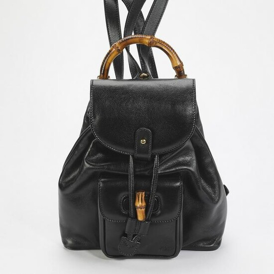 Authentic Gucci Black Leather Bamboo Backpack PM