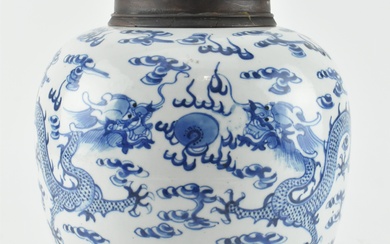 BLUE AND WHITE TWIN DRAGON WITH PEARL JAR 清末 双龙戏珠罐