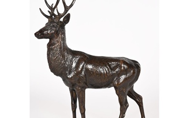 BONHEUR Isidore. (1827-1901). «Cerf debout». Rare épreuve en bronze à patine brune. Signée et estampillée....