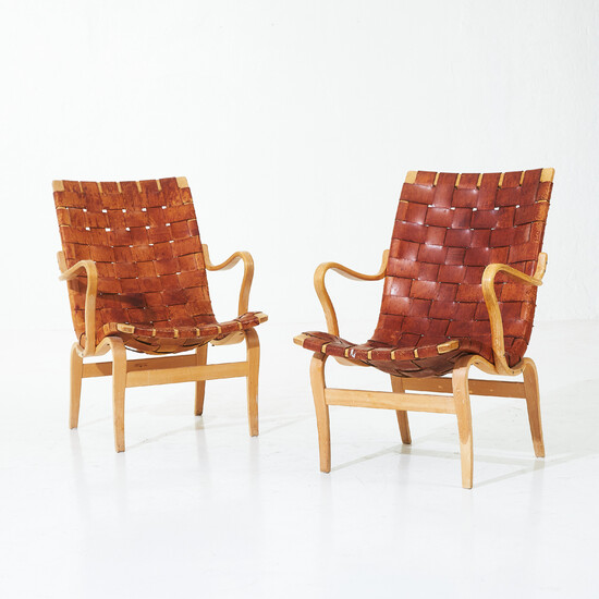 BRUNO MATHSSON. "Eva", armchairs, 1 pair, beech wood, wicker leather seats, branding Bruno Mathsson Design Made in Sweden.