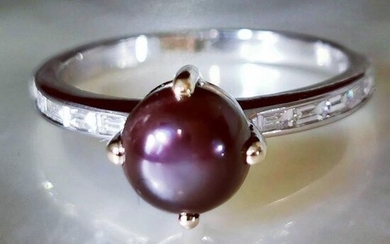 Baguette Diamonds & Natural pearl purple - 18 kt. Natural pearl, White gold - Ring - Diamonds