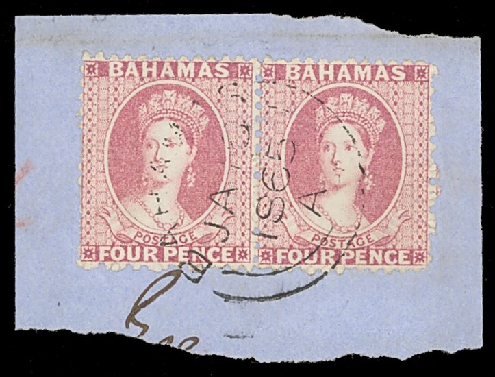 Bahamas 1863-77 Watermark Crown CC Perforated 12½ 4d. bright rose, horizontal pair, tied to sma...