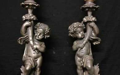 Beautiful pair of candlesticks with friezes and marble - H 60 cm - Antimony and Carrara marble - Early 1900s