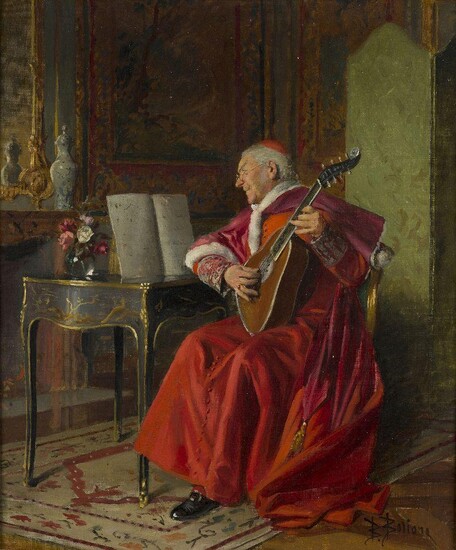 Bernard Louis Borione, French 1865-1920- The Cardinal's solo; oil on canvas, signed 'B. Borione' (lower right), bears number '9641' on the reverse of the central stretcher bar, 46.2 x 38 cm. Provenance: With Harrods Picture Department, London.;...